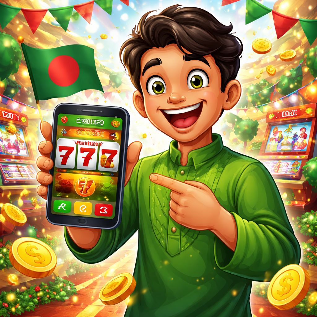 Cartoon casino player holding a phone with slot reels, coins, and festive Bangladesh-inspired colors