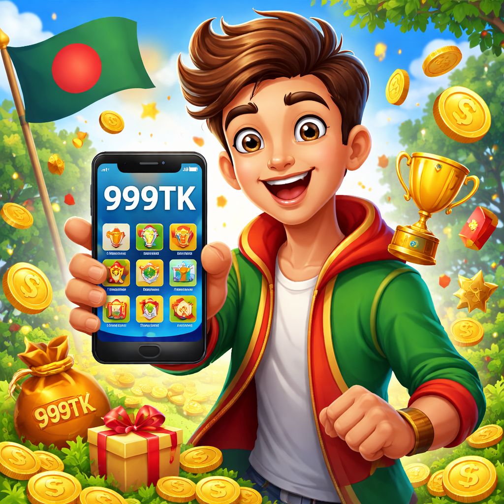999TK কার্টুন গেমার ফোন ধরে আছে কয়েন এবং উজ্জ্বল অ্যাপ আইকন সহ